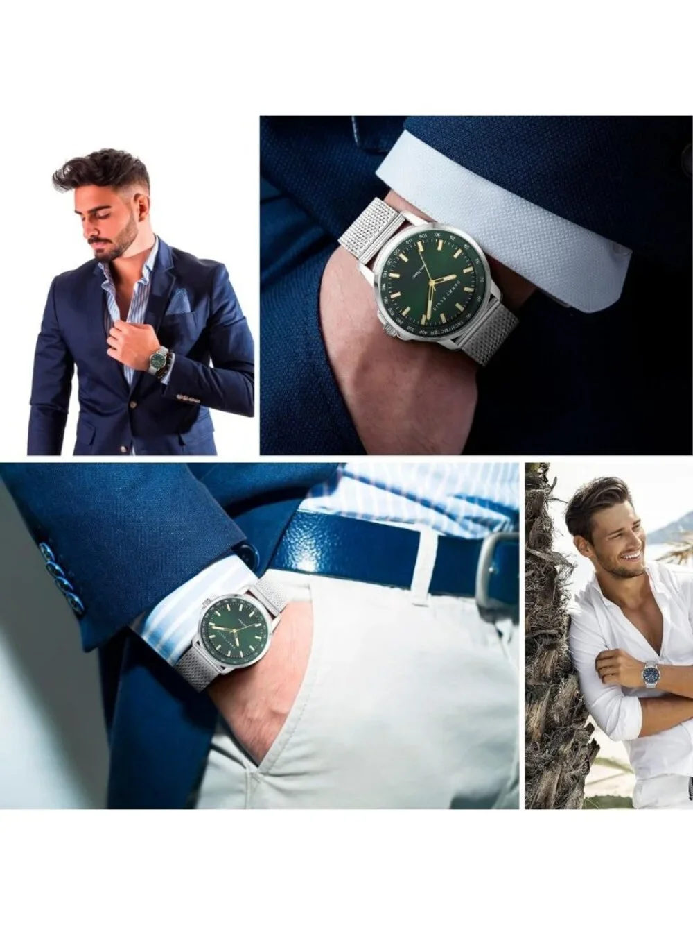 Men Silver Green Steel Mesh Band Aluminum Tachymeter Bezel Water-Resistant Watch