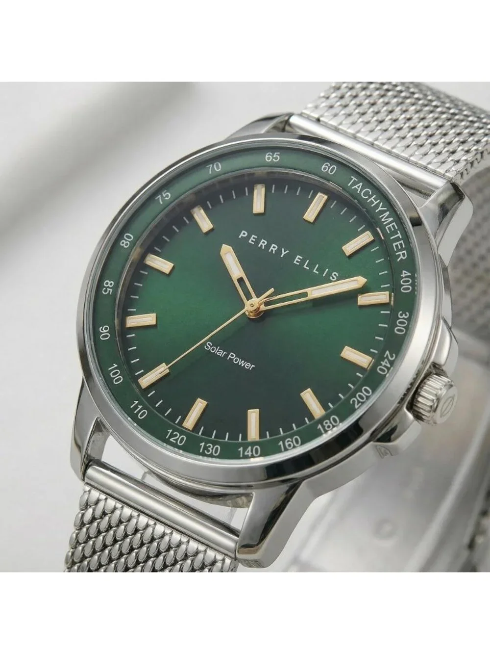Men Silver Green Steel Mesh Band Aluminum Tachymeter Bezel Water-Resistant Watch