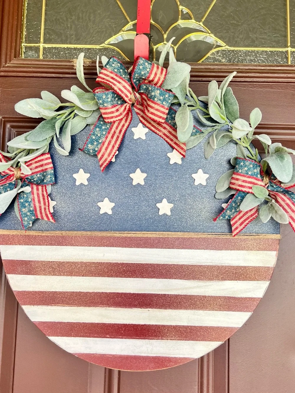 Door Hanger 18 In Round Wood Hand painted Patriotic 4th Of July Ribbon Red White