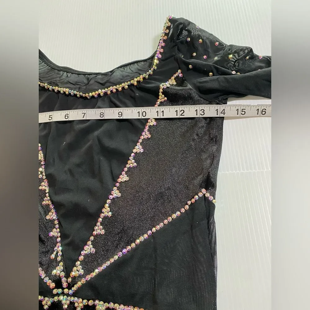 Custom solo costume black long sleeve scalloped rhinestone dance leotard SA adul