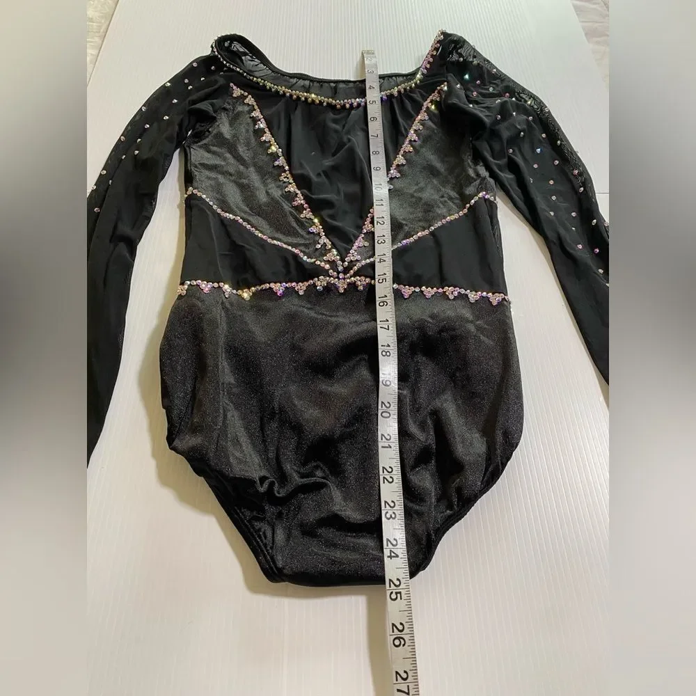 Custom solo costume black long sleeve scalloped rhinestone dance leotard SA adul