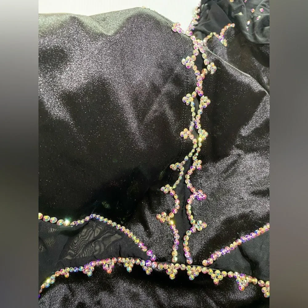 Custom solo costume black long sleeve scalloped rhinestone dance leotard SA adul