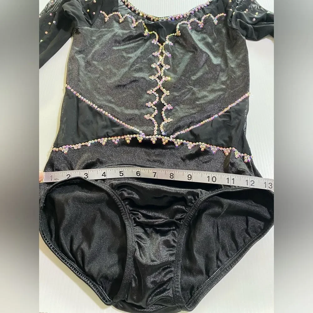 Custom solo costume black long sleeve scalloped rhinestone dance leotard SA adul