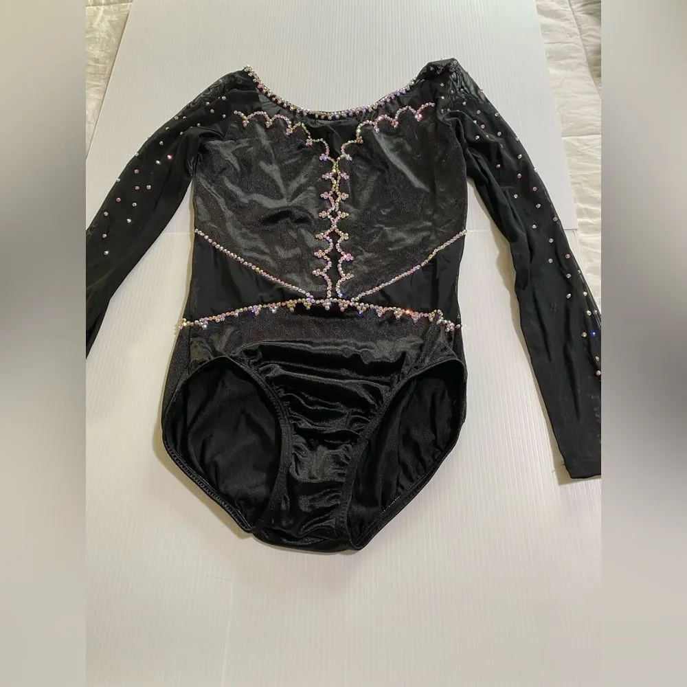 Custom solo costume black long sleeve scalloped rhinestone dance leotard SA adul