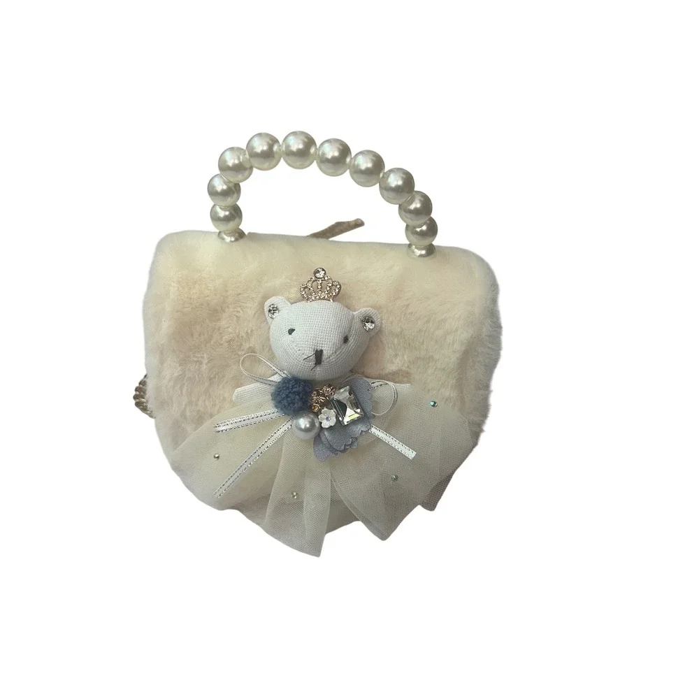 Doe a Dear Girls Faux Fur Teddy Bear Ballerina Crossbody Bag Pearl Handle Cream
