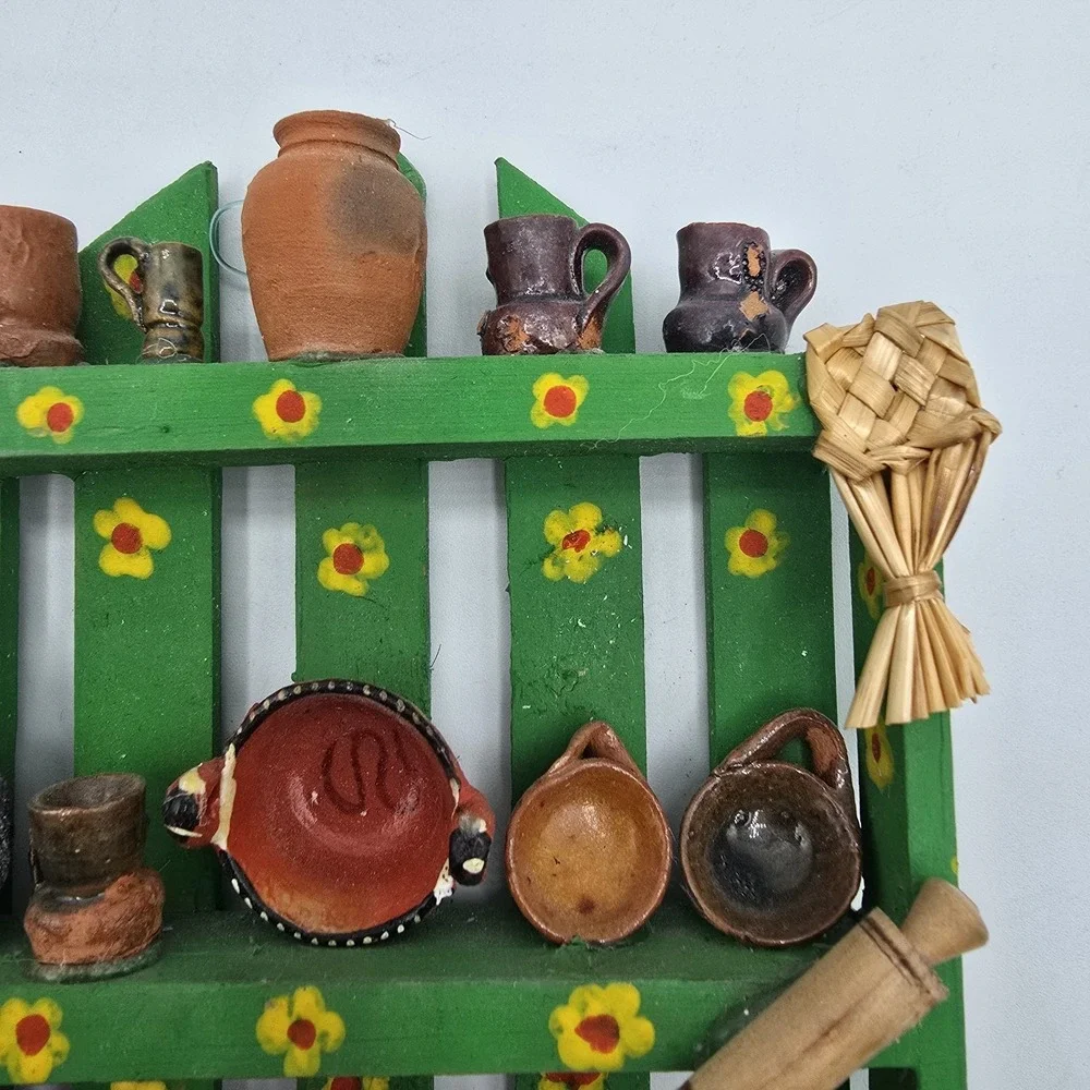 Mexican Kitchen Trastero Wall Hanging Shelf With Miniature Pots Vtg Folk Art