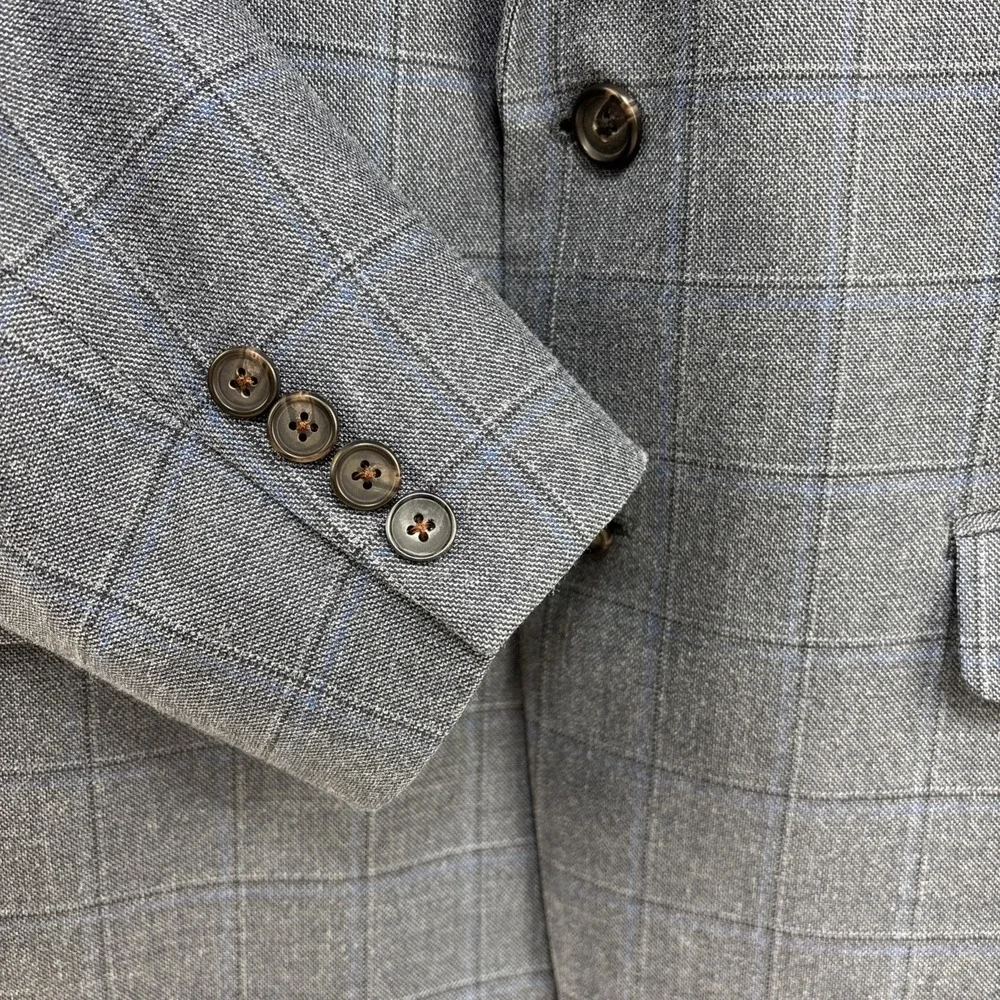 Ralph Lauren Mens Wool Silk Blazer Gray Blue Windowpane‎ Plaid Suit Jacket 42R