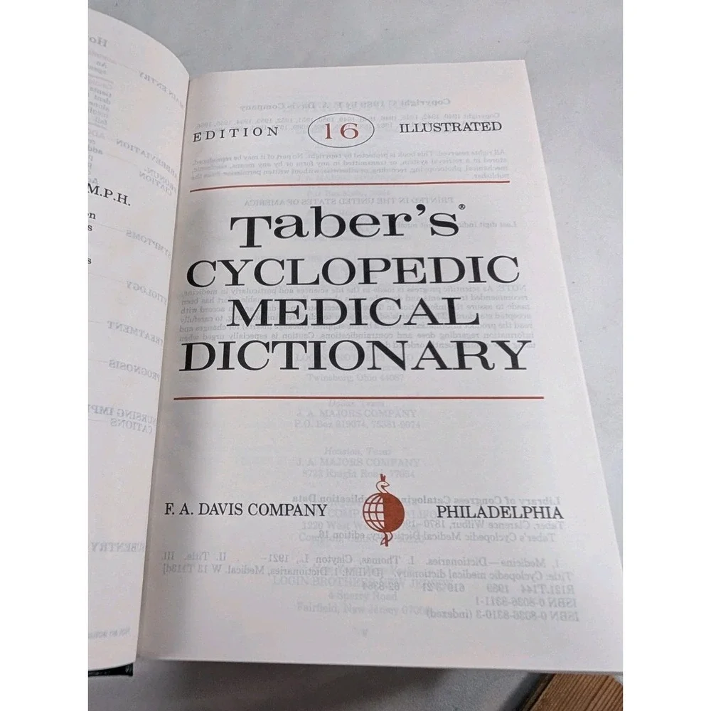 TABERS‎ CYCLOPEDIC MEDICAL DICTIONARY 16th Edition HC Educational DAVIS