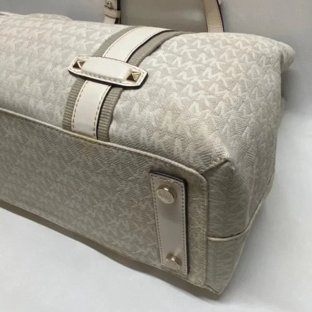 Michael Kors Griffin Large Logo Tote Natural Jacqard Canvas Leather Trim GUC‎