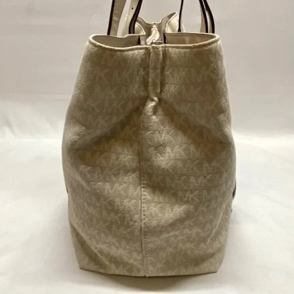 Michael Kors Griffin Large Logo Tote Natural Jacqard Canvas Leather Trim GUC‎