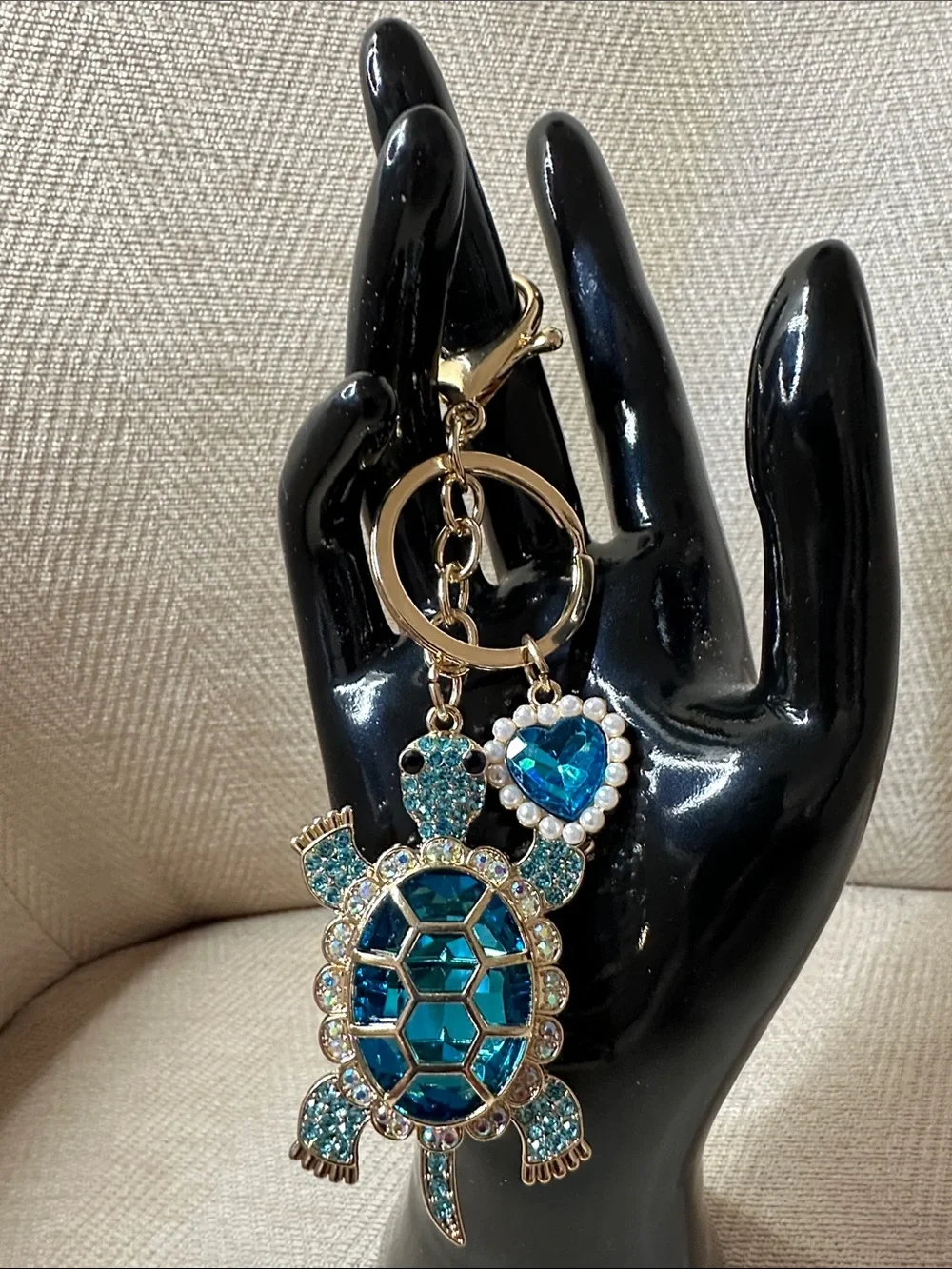 Sparkling Blue Turtle Keychain with Heart Charm