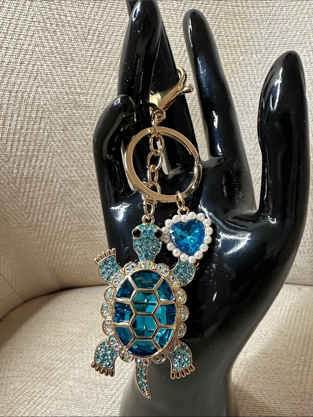 Sparkling Blue Turtle Keychain with Heart Charm