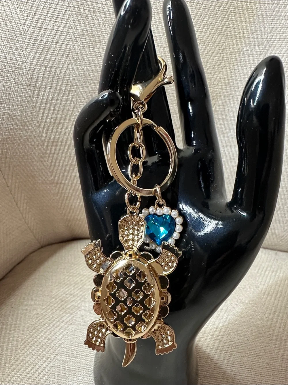 Sparkling Blue Turtle Keychain with Heart Charm