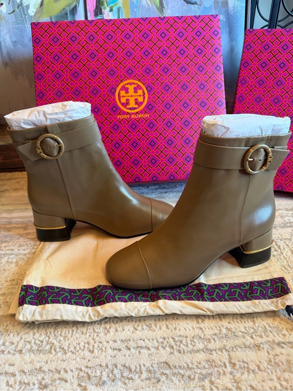 Tory Burch Multi Logo Heel Ankle Boots with Gold Tone Buckle