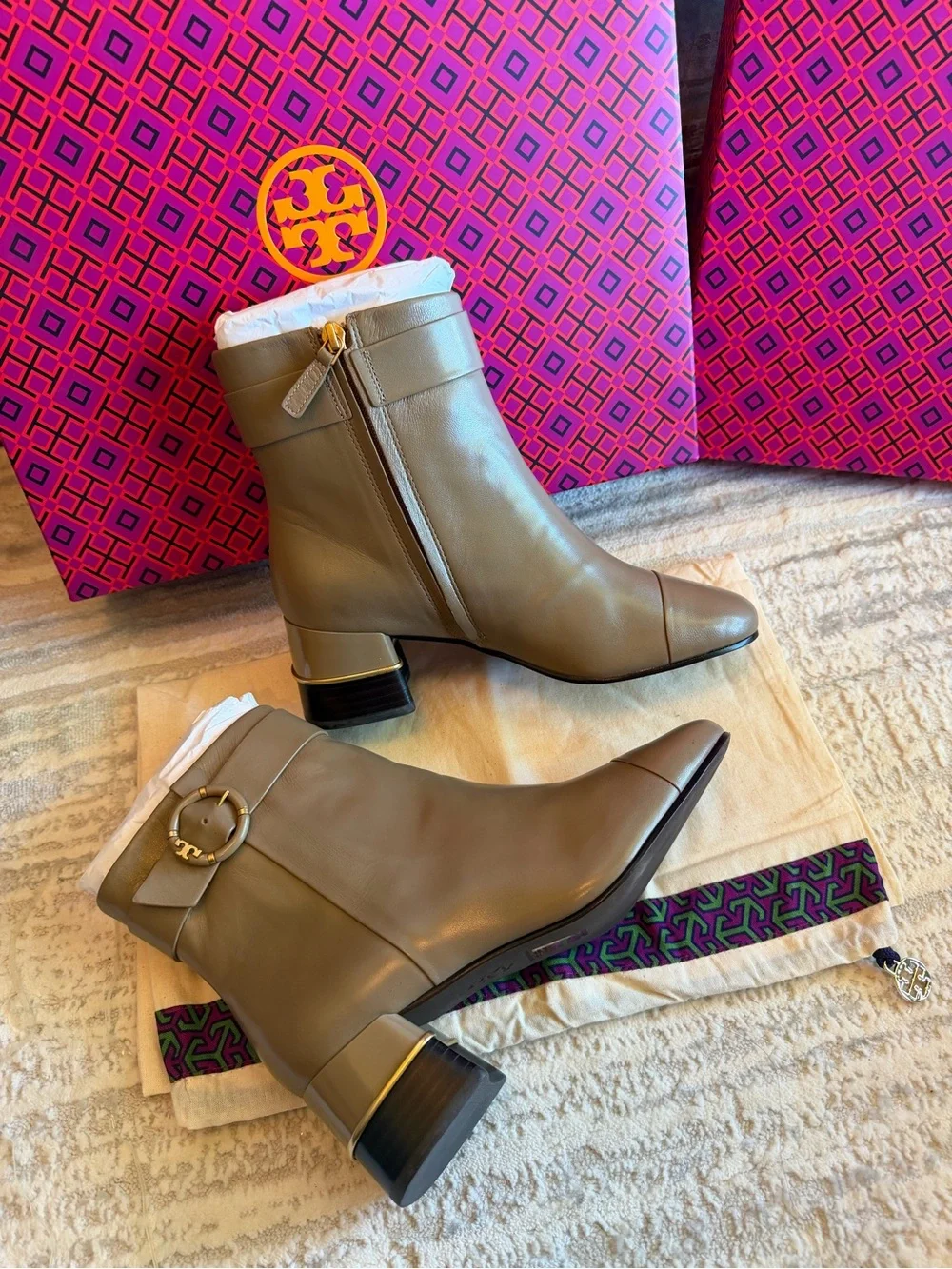 Tory Burch Multi Logo Heel Ankle Boots with Gold Tone Buckle