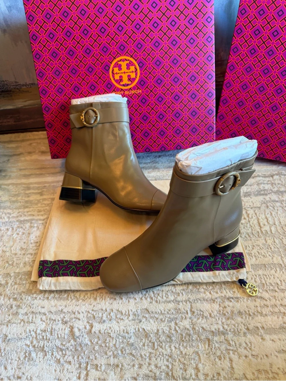 Tory Burch Multi Logo Heel Ankle Boots with Gold Tone Buckle