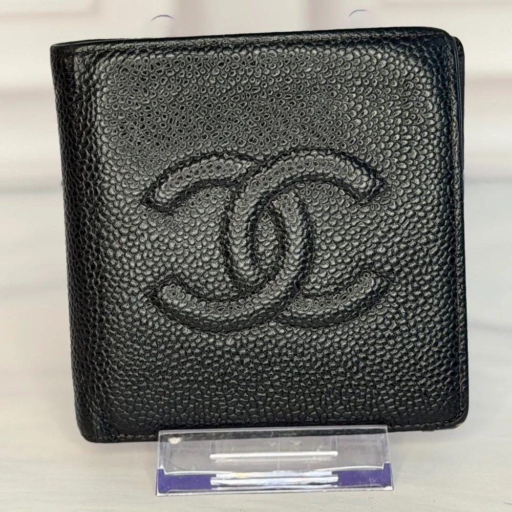 Chanel Black Caviar Leather Bifold Wallet CC Logo | Full Inclusion | Halo Intact
