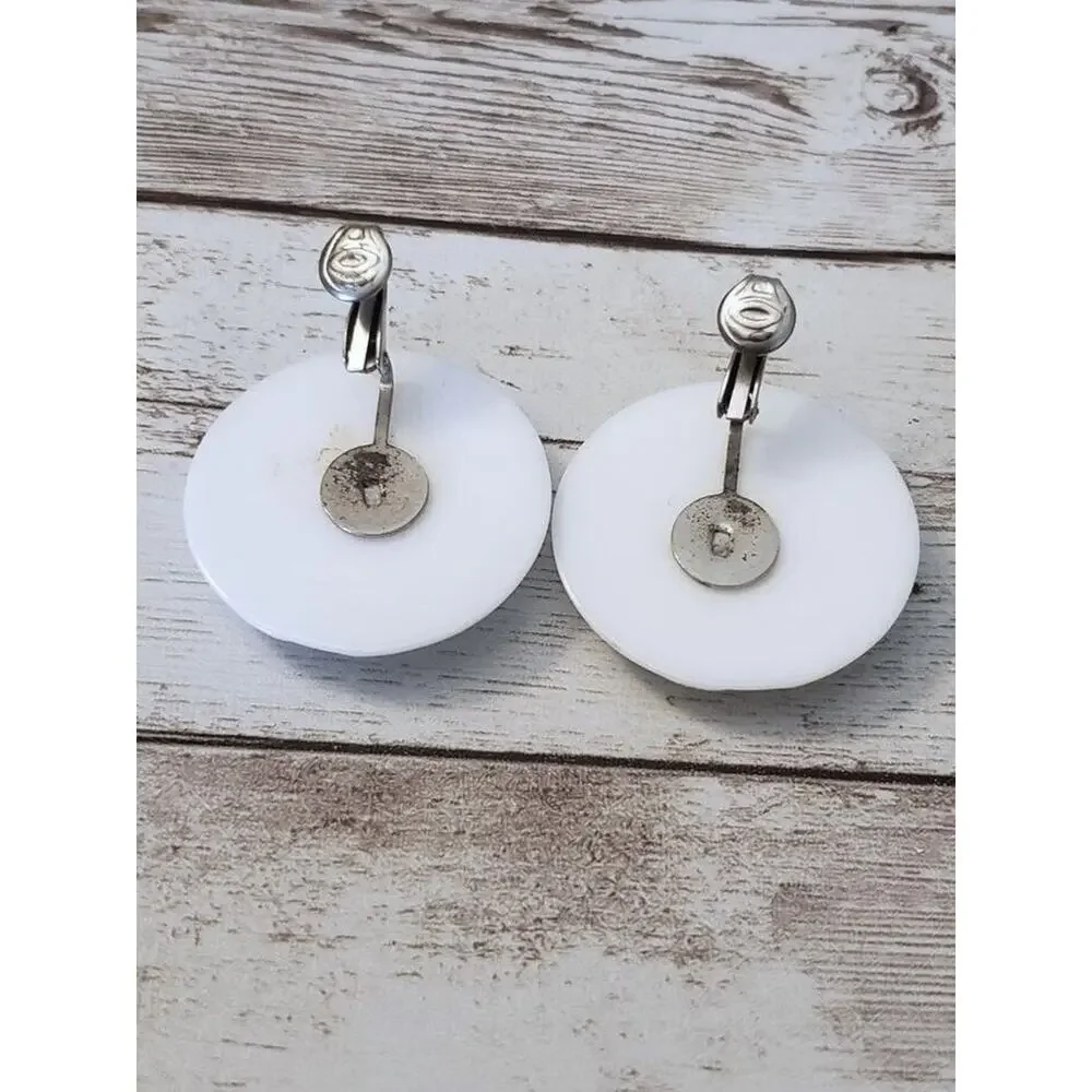 Vintage Clip On Earrings - Large White Patterned Circle - Statement