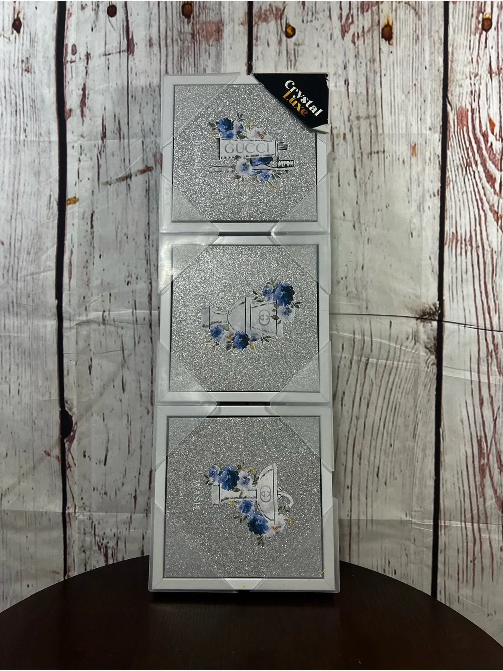 Crystal Luxe Decor Bathroom Accent Silver Glitter Triptych w/ Blue Floral Motif