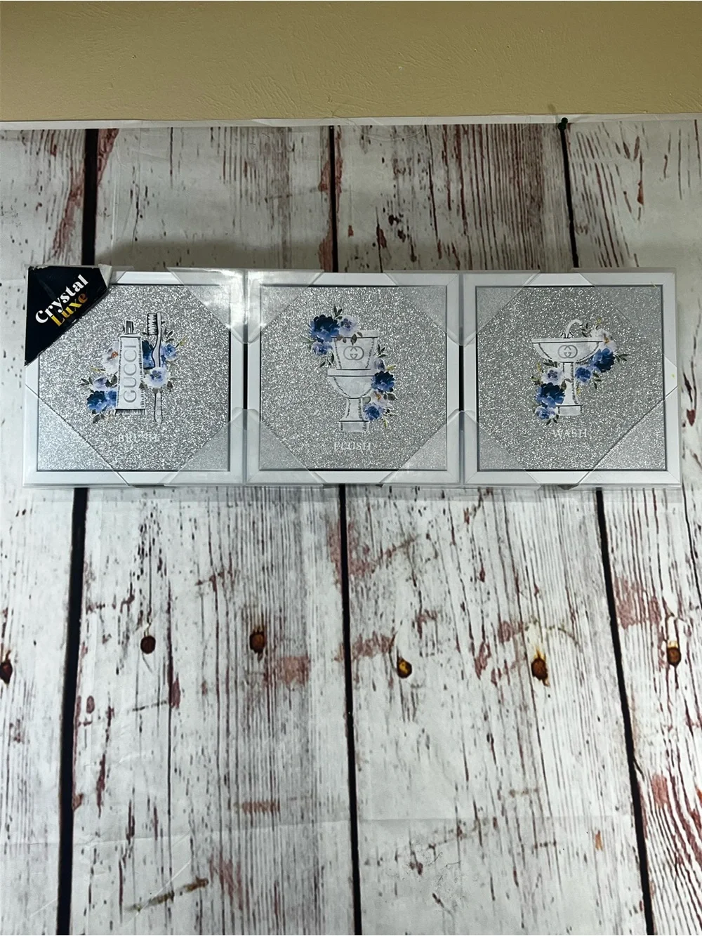 Crystal Luxe Decor Bathroom Accent Silver Glitter Triptych w/ Blue Floral Motif