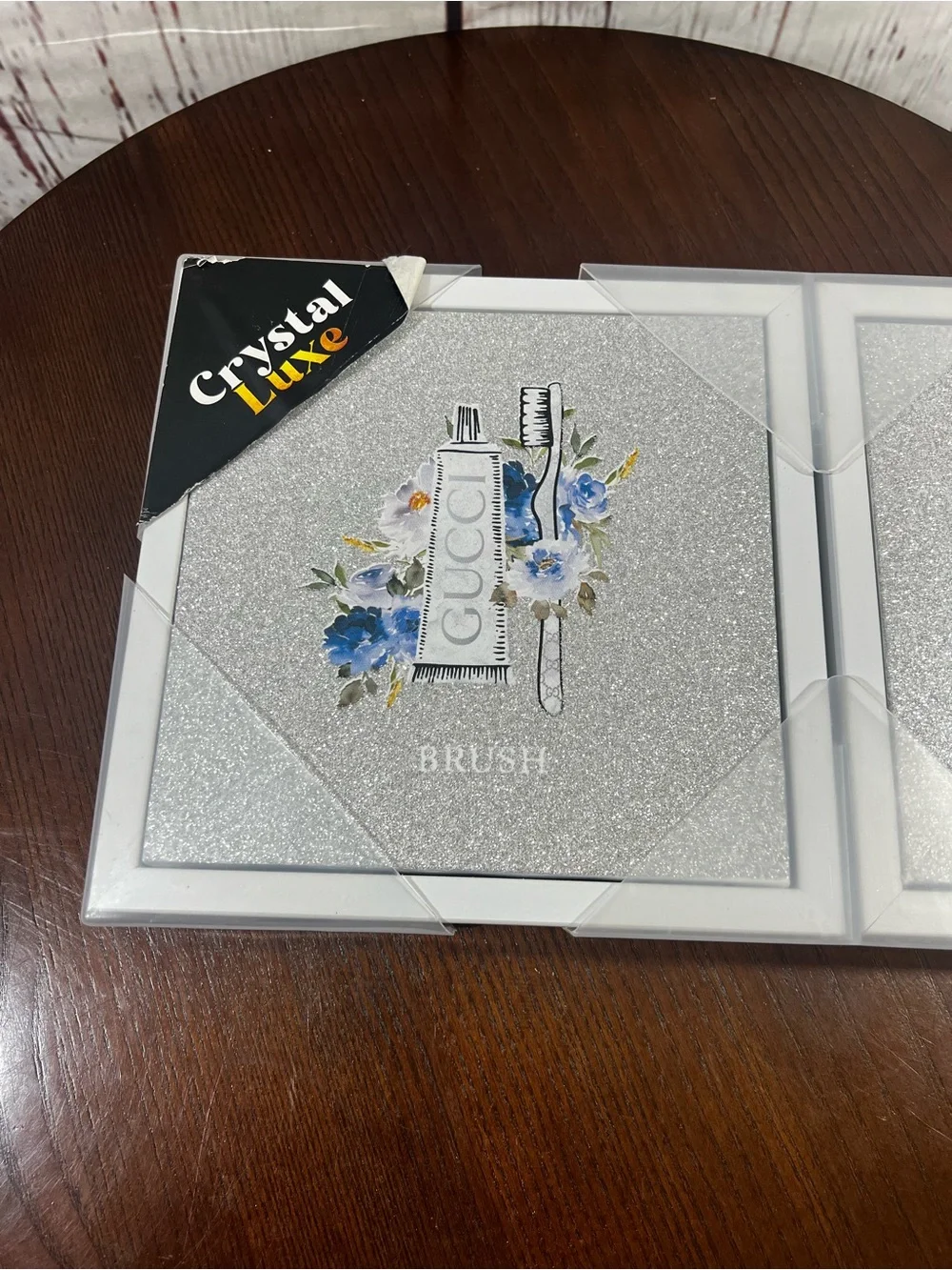 Crystal Luxe Decor Bathroom Accent Silver Glitter Triptych w/ Blue Floral Motif
