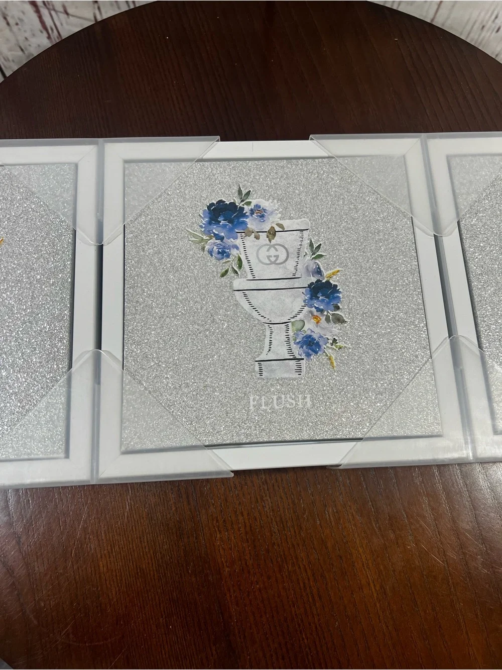 Crystal Luxe Decor Bathroom Accent Silver Glitter Triptych w/ Blue Floral Motif