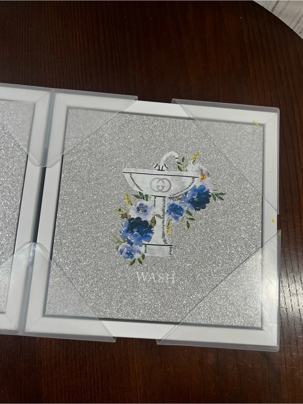 Crystal Luxe Decor Bathroom Accent Silver Glitter Triptych w/ Blue Floral Motif