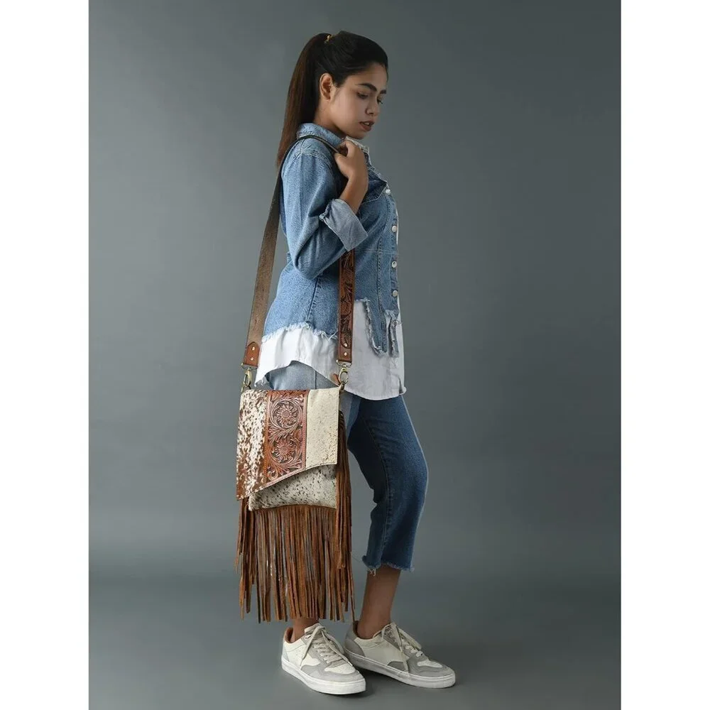 Leather Cross Body Bag Women Hand-Tooled Floral Suede Fringes Adjustable
