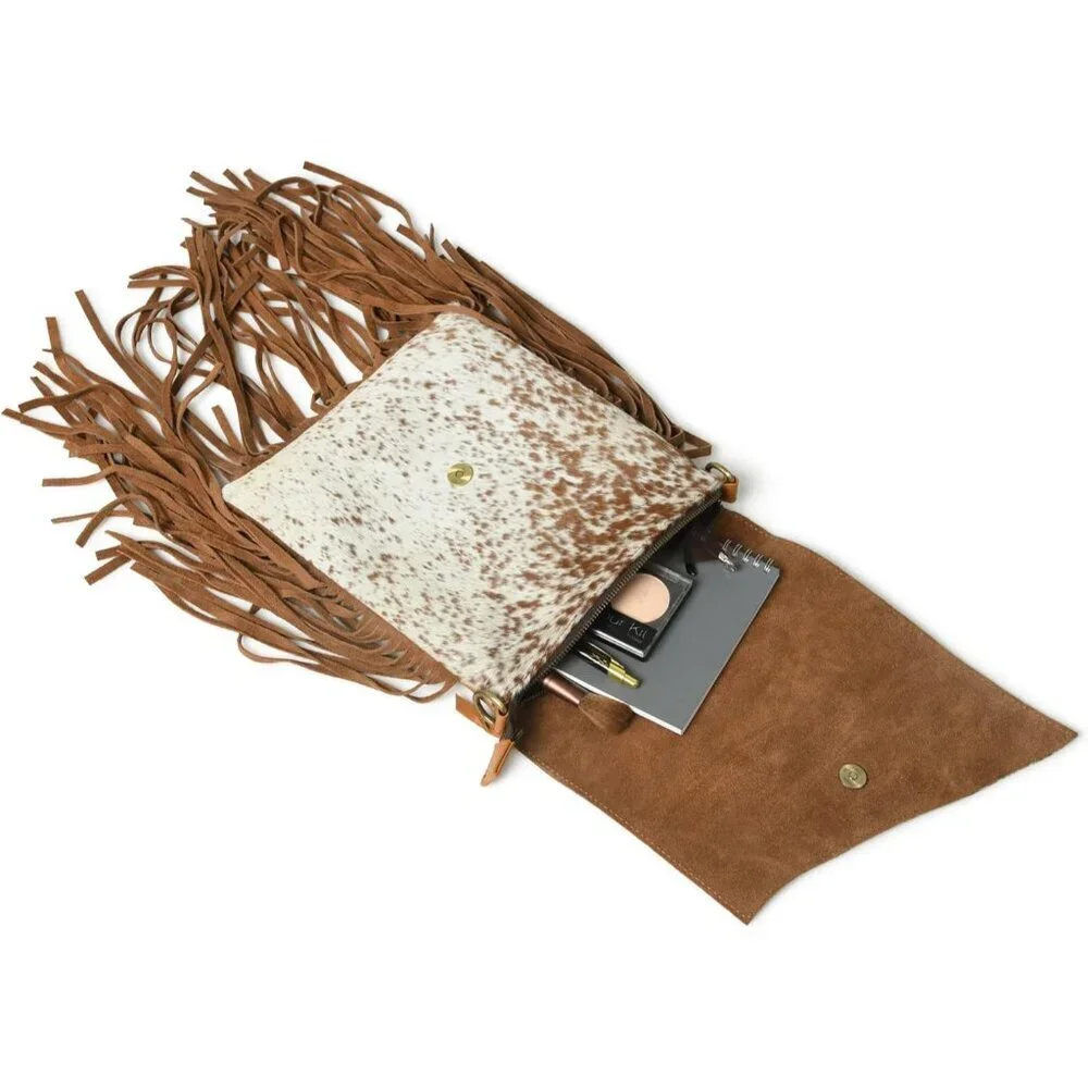 Leather Cross Body Bag Women Hand-Tooled Floral Suede Fringes Adjustable