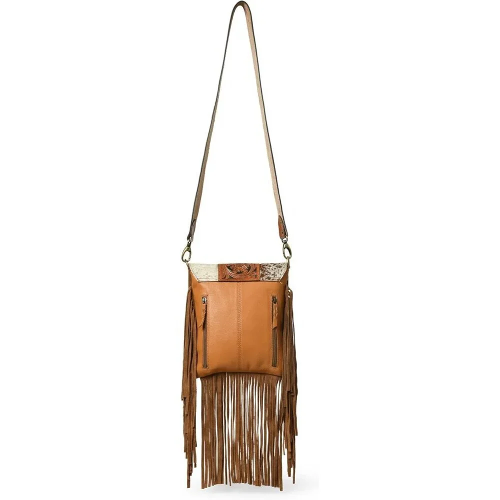 Leather Cross Body Bag Women Hand-Tooled Floral Suede Fringes Adjustable