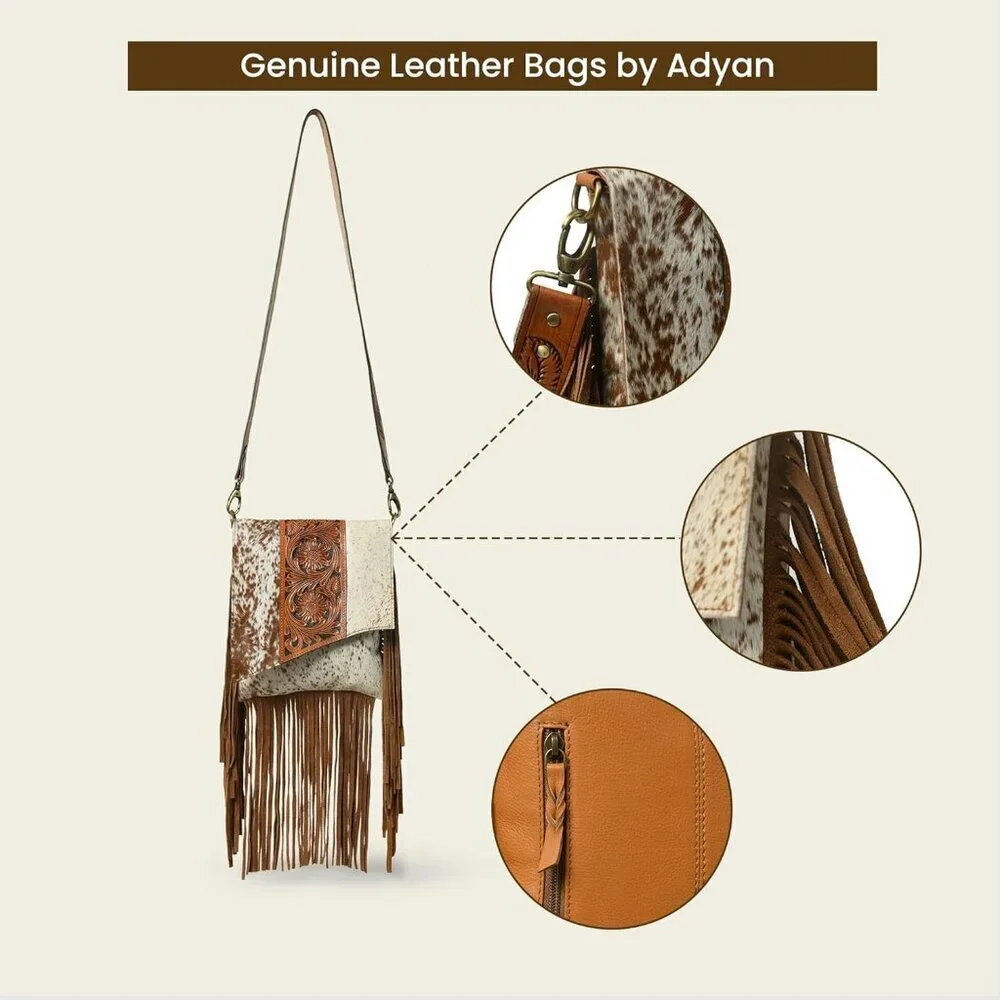 Leather Cross Body Bag Women Hand-Tooled Floral Suede Fringes Adjustable