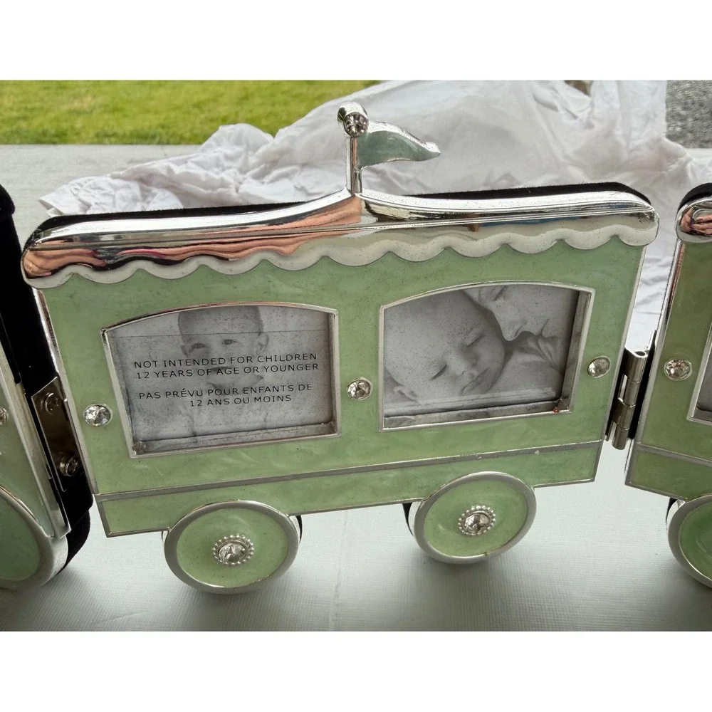 Things Remembered Baby Train Picture Frame Mint Green Silver Enamel 5 Openings
