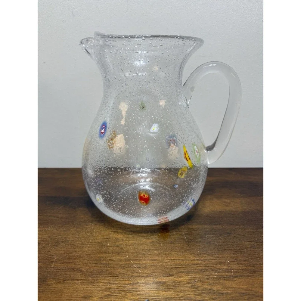Crate & Barrel Zazz Millefiori 8.5” Hand-Blown Bubble Art Glass Pitcher Whimsy