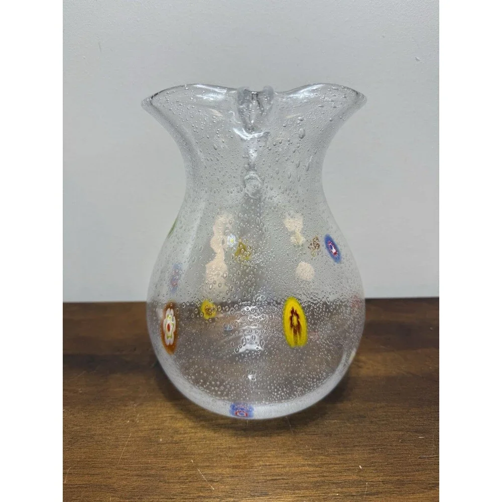Crate & Barrel Zazz Millefiori 8.5” Hand-Blown Bubble Art Glass Pitcher Whimsy
