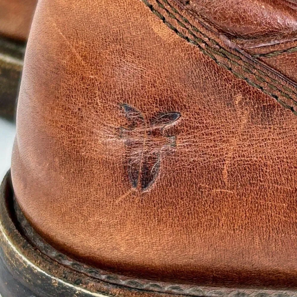 Frye Shirley Pull Riding Boots Full Leather Knee High Buckles Cognac Brown 6.5