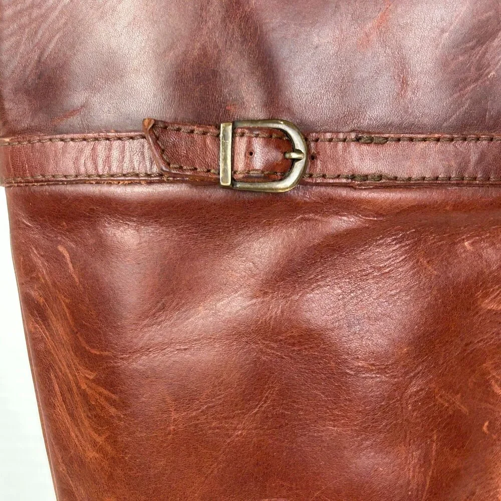 Frye Shirley Pull Riding Boots Full Leather Knee High Buckles Cognac Brown 6.5