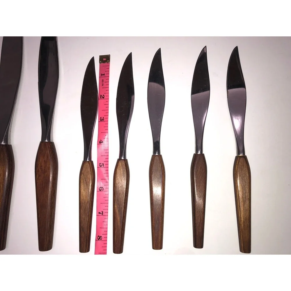 Vintage MCM Fleetwood Teak Handles 5 Pc Steak Knife & 2 Carving Knife Set‎