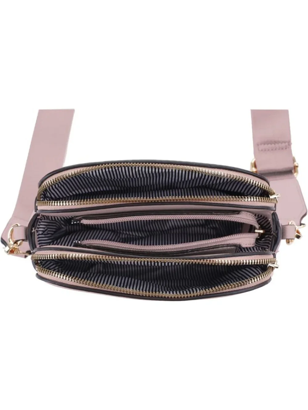 Women's Mauve Trendy Triple Zip Small Crossbody Bag Purse with Guitar Strap