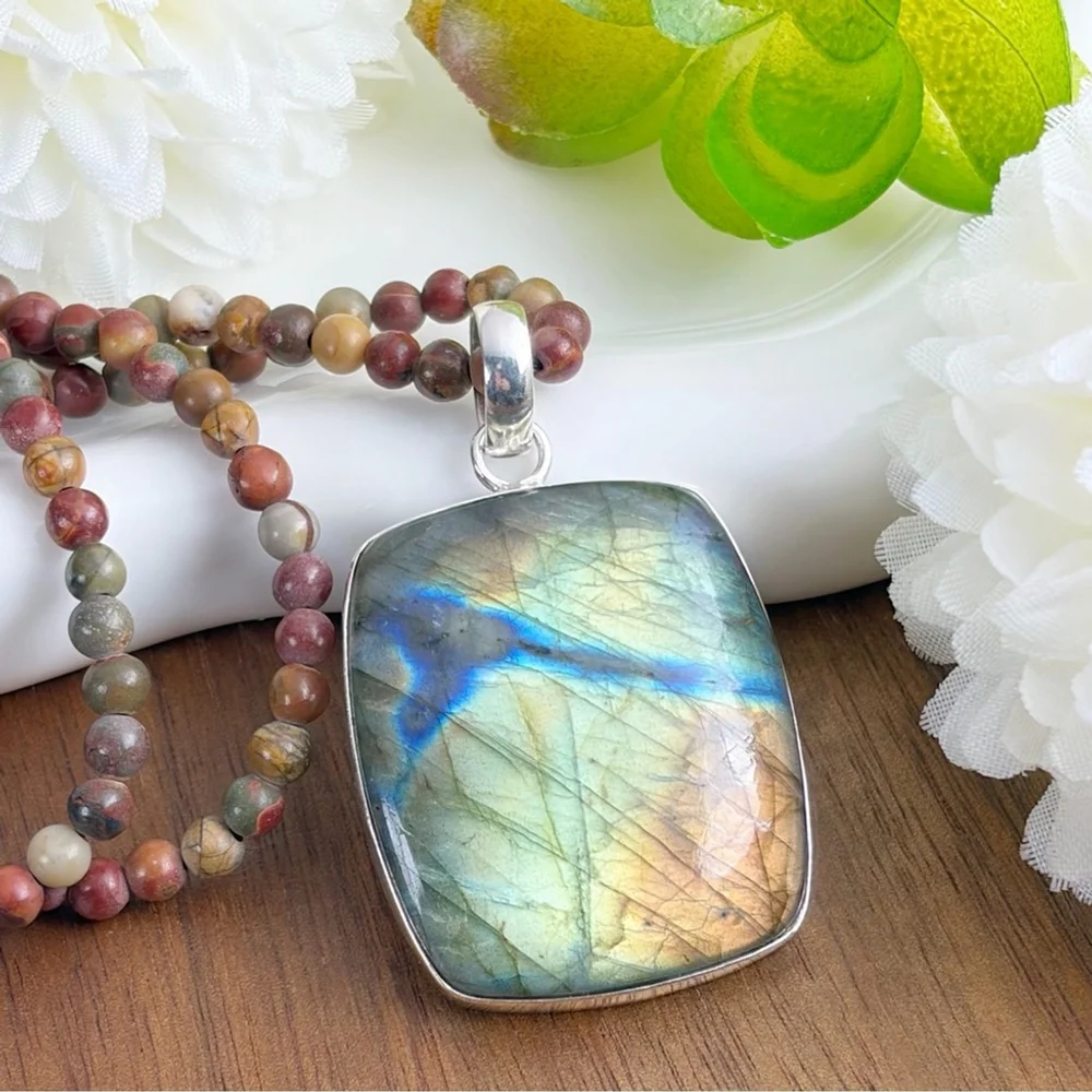 Southwest Pure Sterling Silver 925 Flash Labradorite Pendant Jasper Necklace