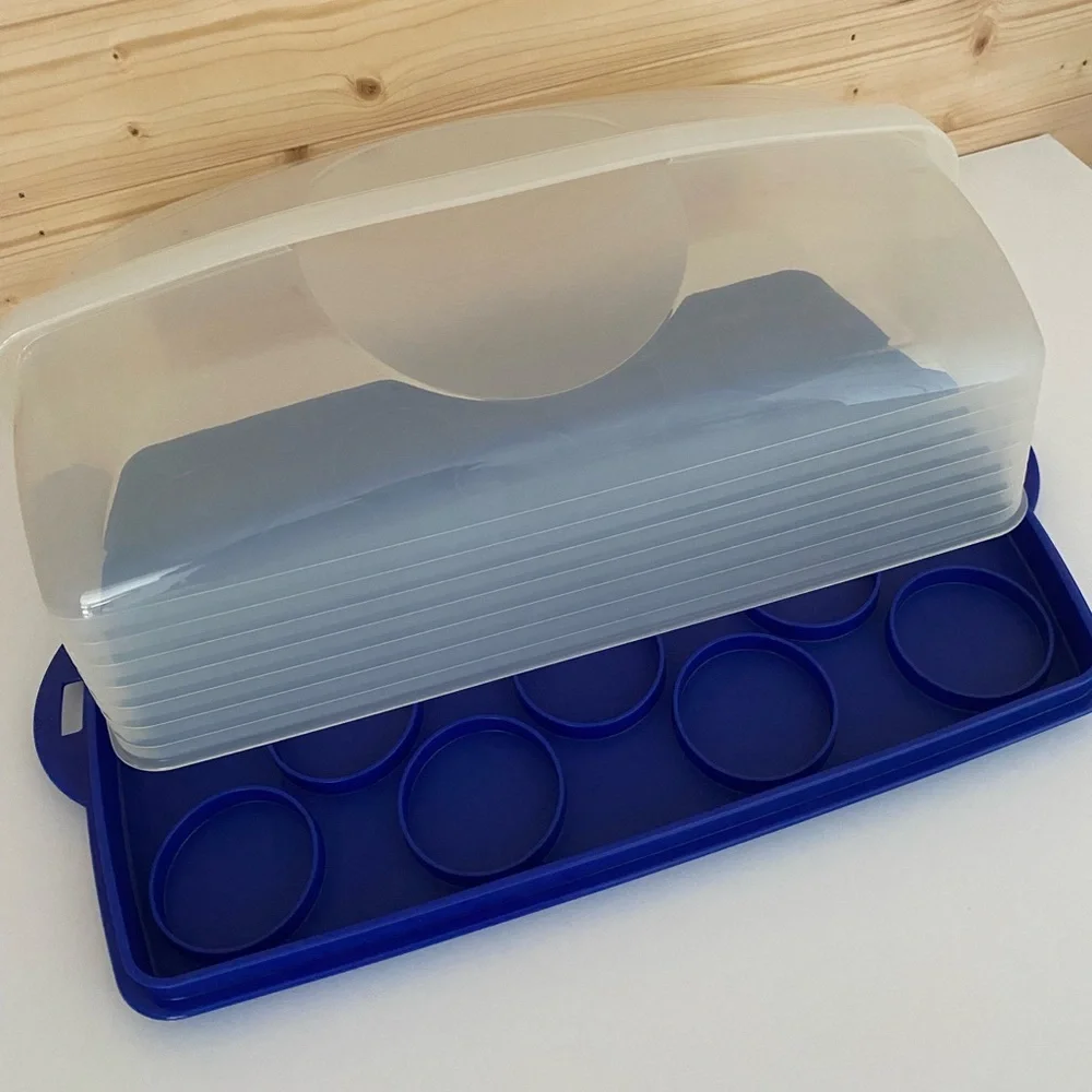 TUPPERWARE Rectangle Bake N Take Cake Cupcake Taker Carrier Blue Clear