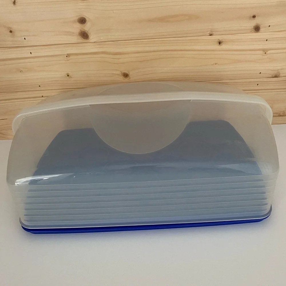 TUPPERWARE Rectangle Bake N Take Cake Cupcake Taker Carrier Blue Clear