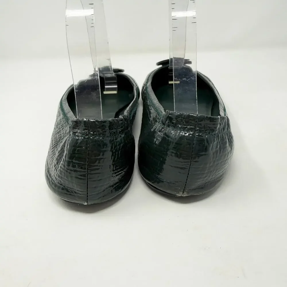 Tory Burch Dark Green Crinkly Patent Leather Minnie Flats Size 8.5 T Logo Detail