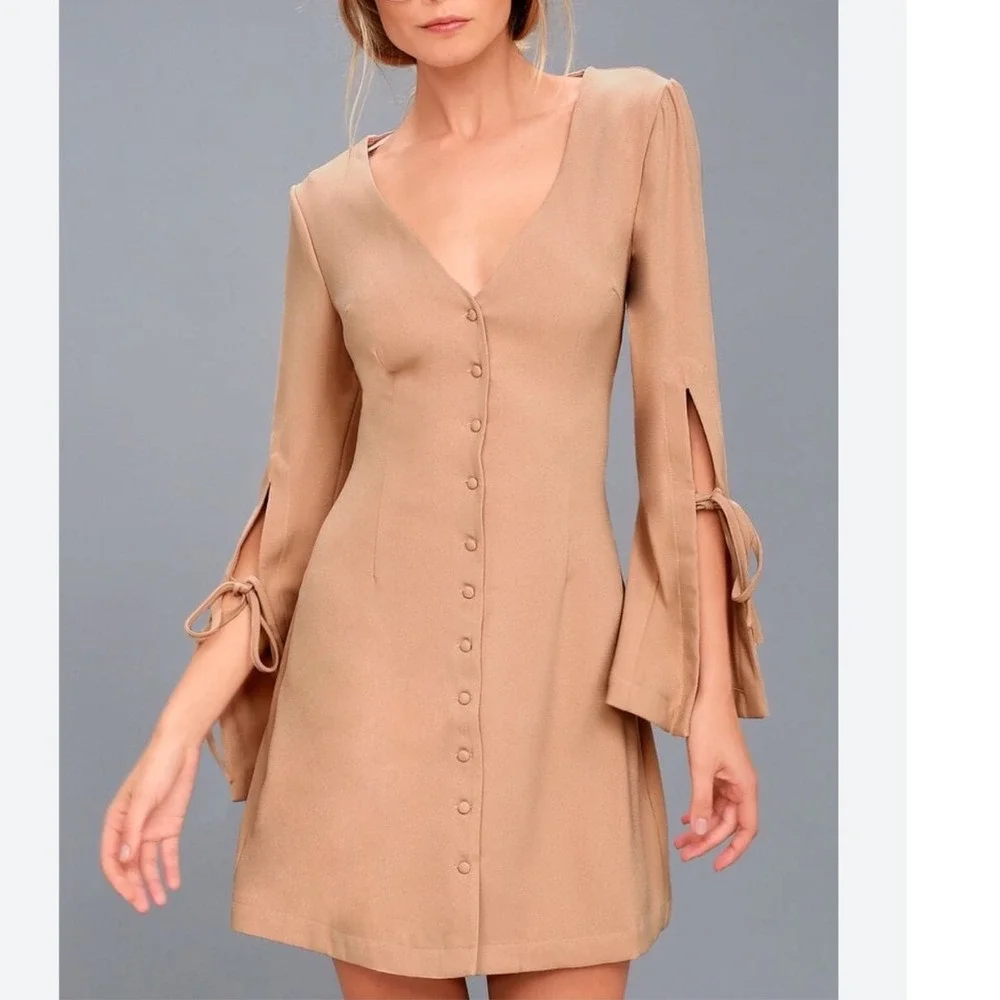 The Fifth Label beige Jeanne mini dress bell long sleeve button down‎ size small