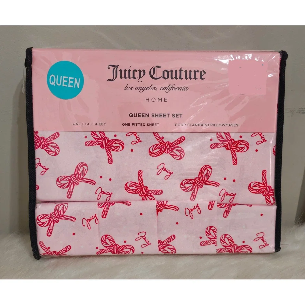 Juicy Couture Christmas Queen Sheet Set Pink Candy Cane Bow Bedding NWT