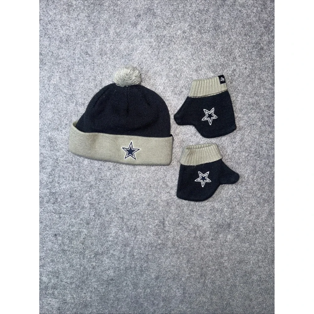 '47 Unisex Black Dallas Cowboys NFL Bam Bam Cuffed Pom Beanie Hat Mittens Set