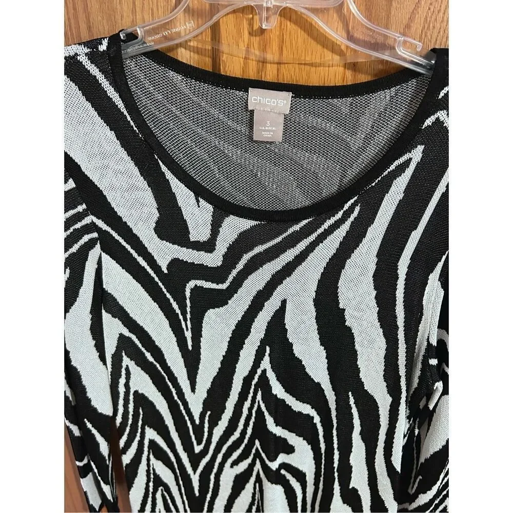Chico’s Bold Black & White Zebra Print Tunic Sweater Size 3/US Size XL