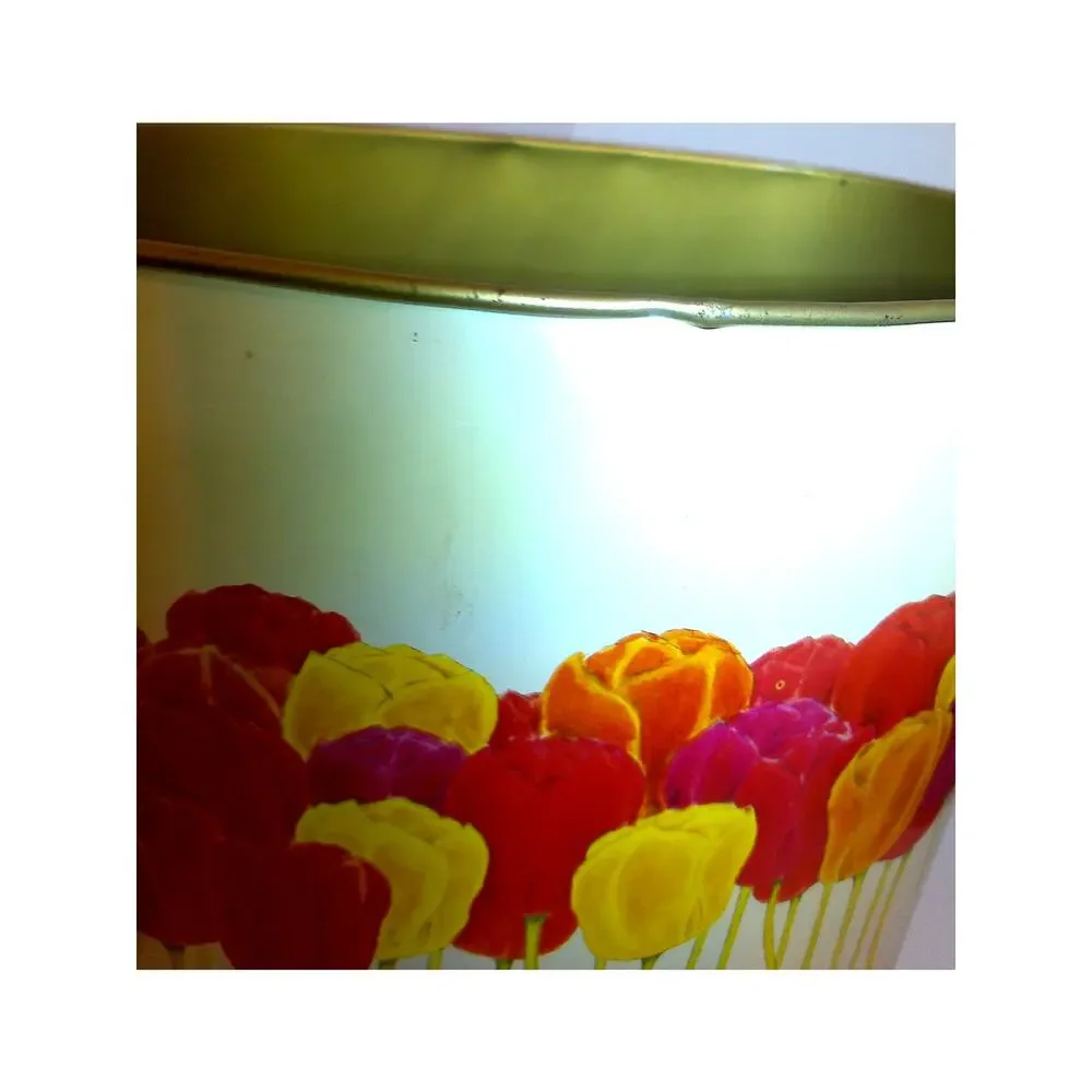 Vtg Cheinco Metal Trash Can Waste Basket Mid Century MCM Colorful Tulips READ