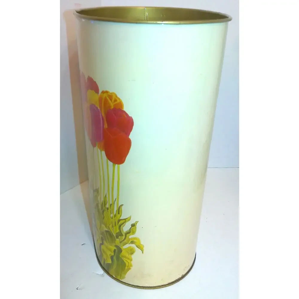 Vtg Cheinco Metal Trash Can Waste Basket Mid Century MCM Colorful Tulips READ