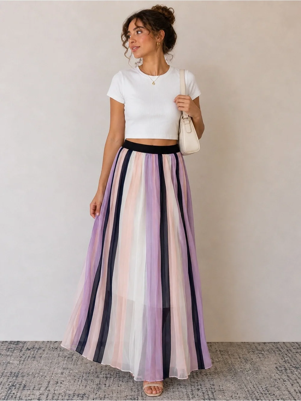 Striped Pastel Tulle Maxi Skirt - White/Pink/Lilac