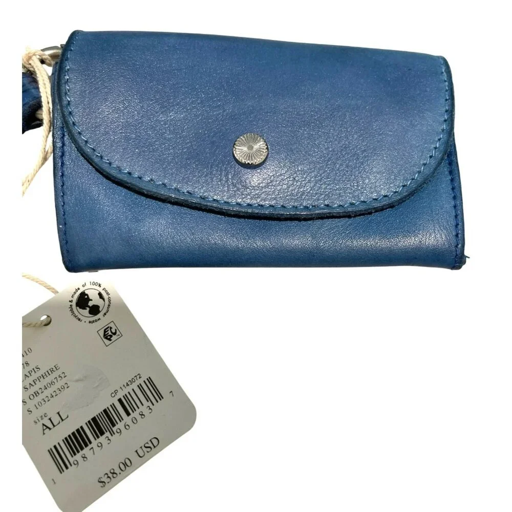 Free People Blue Leather Tri Fold Wallet Wristlet Keychain NWT